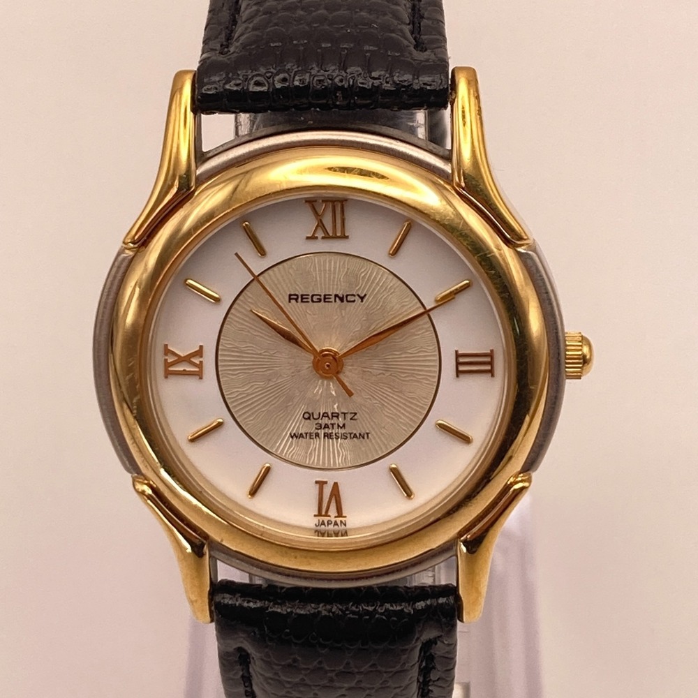 Regency Unisex Watch 35mm Silver Gold Tone Black Leather New Battery 8.75"